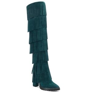 Jennifer Le Hand-cut Suede Fringe Thigh High Boots sz 41. Fits up to 17.5 calf